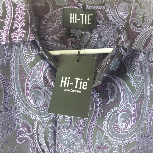 Hi-Tie Button Front Shirt Party Date Night Club L/S Collar Purple Black Paisley - Picture 4 of 6